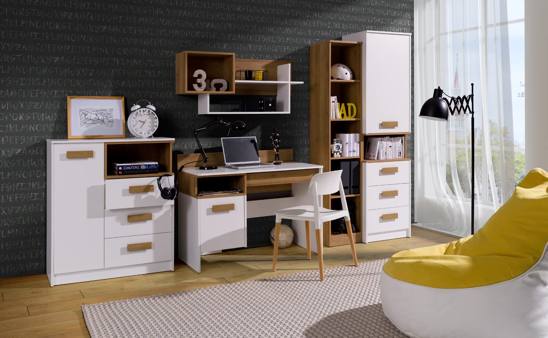 Möbel für Jugenzimmer Arbeitszimmer Büromöbel komplett Set Kommode mit Schubladen Schreibtisch Hängendes Regal Bücherregal Jugenzimmer Komplett Gustavo 01