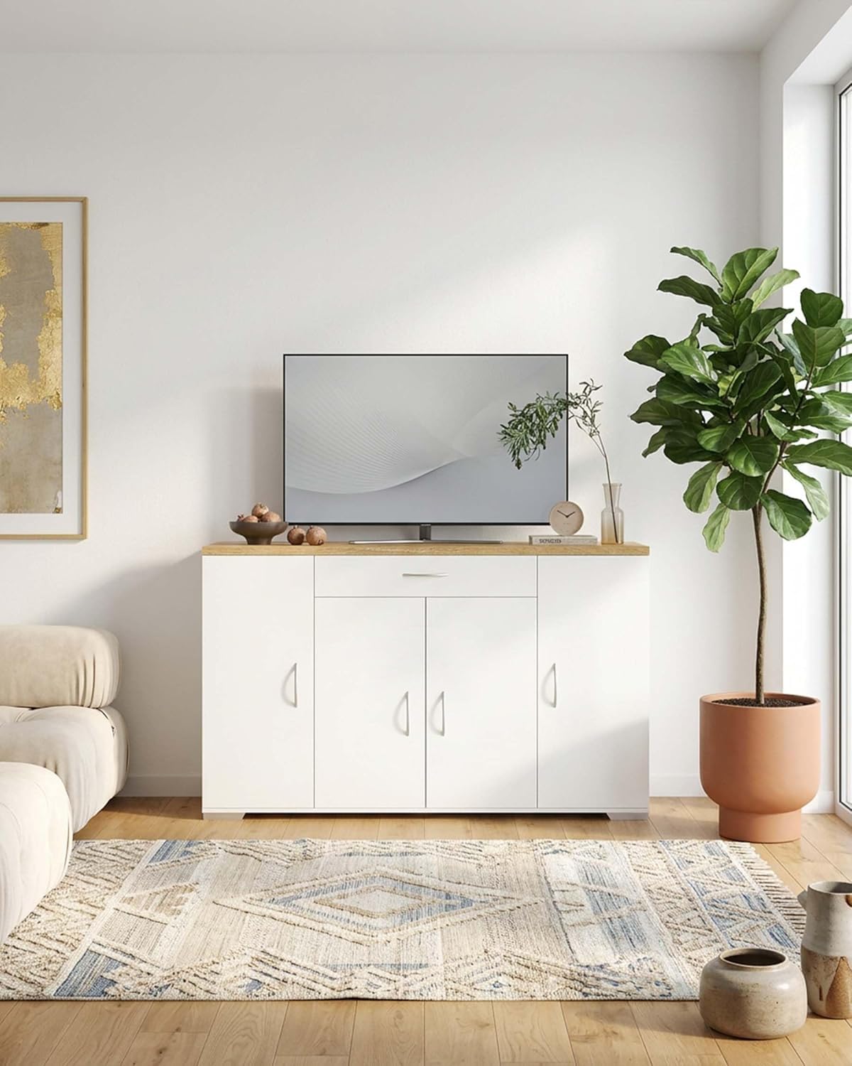hitsuki Comò Camera da Letto Bianco con 4 Ante e 1 Cassetto 110×30×70cm | Mobile contenitore con 4 ante e 1 cassetto per organizzare biancheria, abiti e oggetti personali nella camera da letto