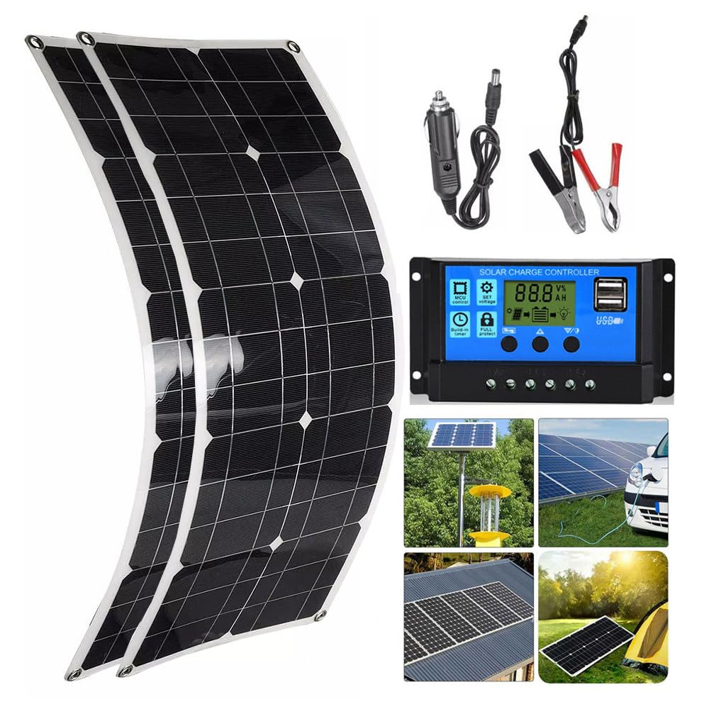 Elastyczny zestaw paneli słonecznych 100 W, 200 W, 300 W, 400 W, 500 W, 600 W, kontroler 40 A, zasilanie USB 12 V, przenośny panel słoneczny do kampera/dachu/łodzi/samochodu/na kemping, ultralekki