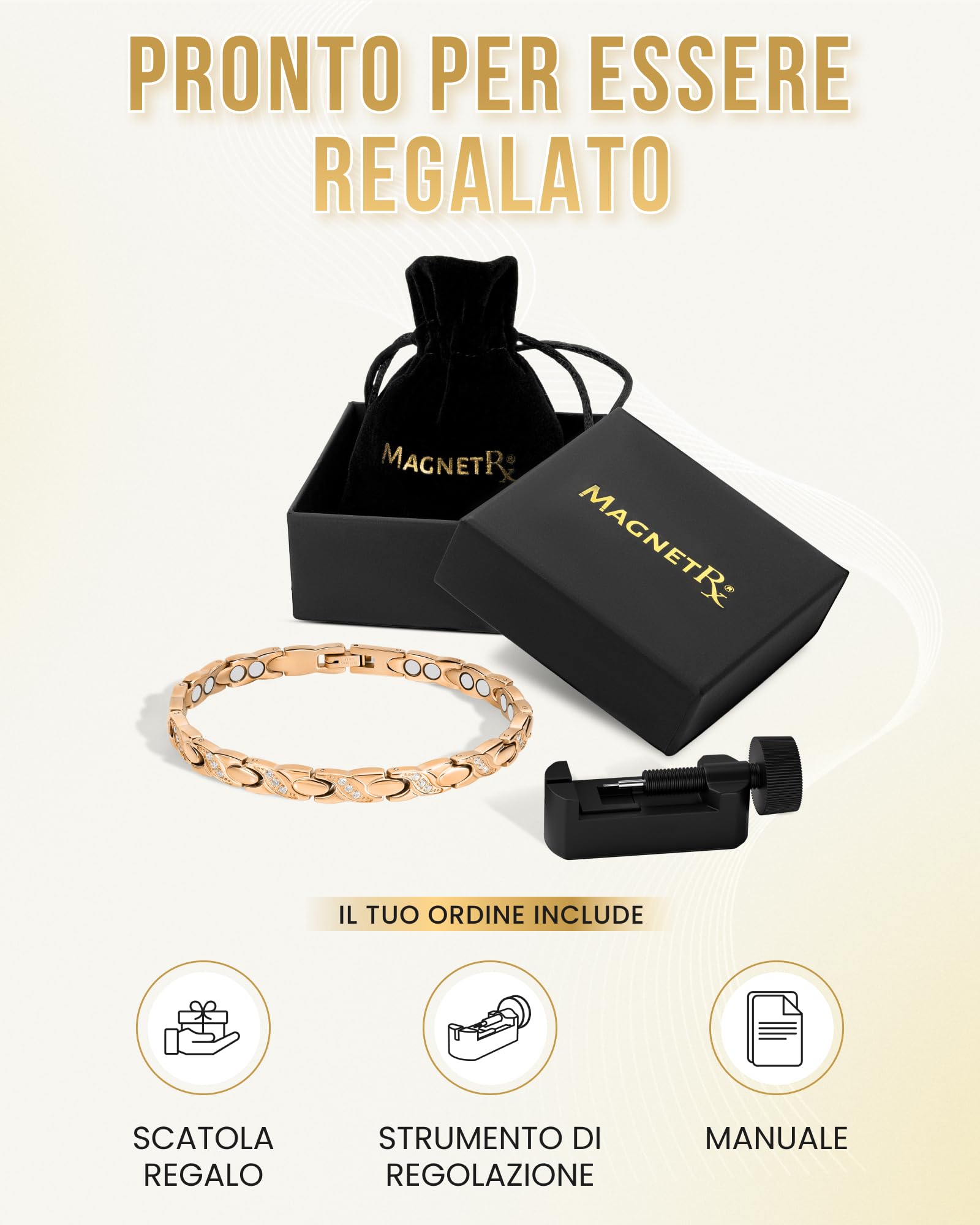 MagnetRX® Bracciale Magnetico Donna Ultra Forte – Bracciale Benessere con Doppio Magnete in Acciaio Inox e Cristalli – Magnetico Regolabile con Strumento di Misura (Oro Rosa)