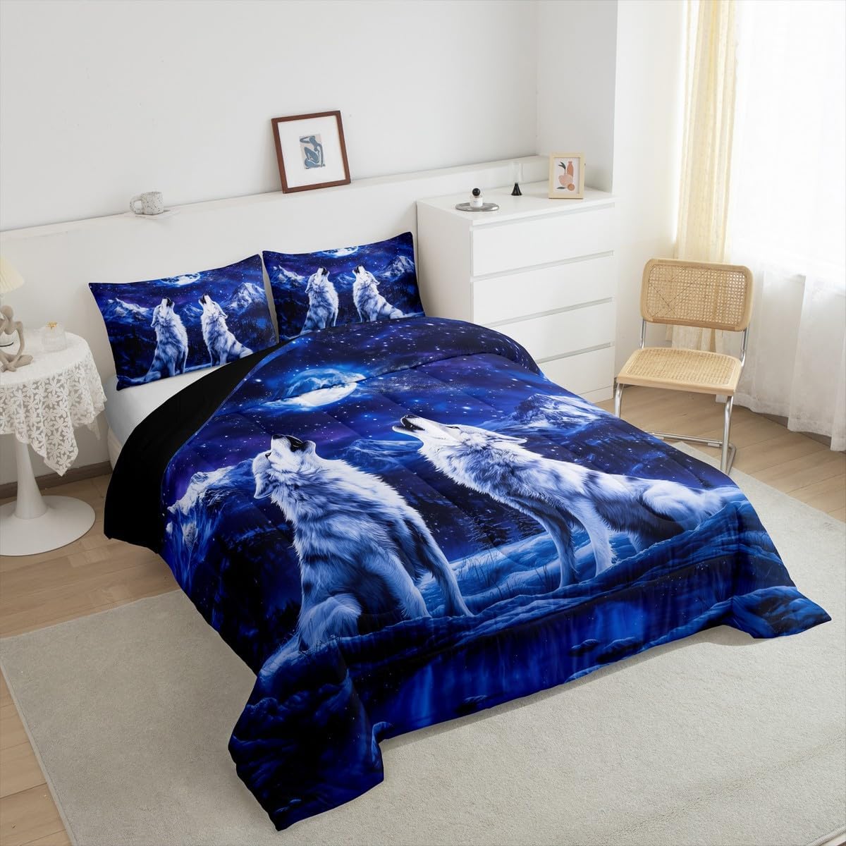 Feelyou Wolf Comforter Set Twin Size Wolves Howling Comforter for Boys Girls Teens Animal Wolves Bedding Set Mountain Moon Wolf Duvet Set Room Royal Blue Decor Quilt Set