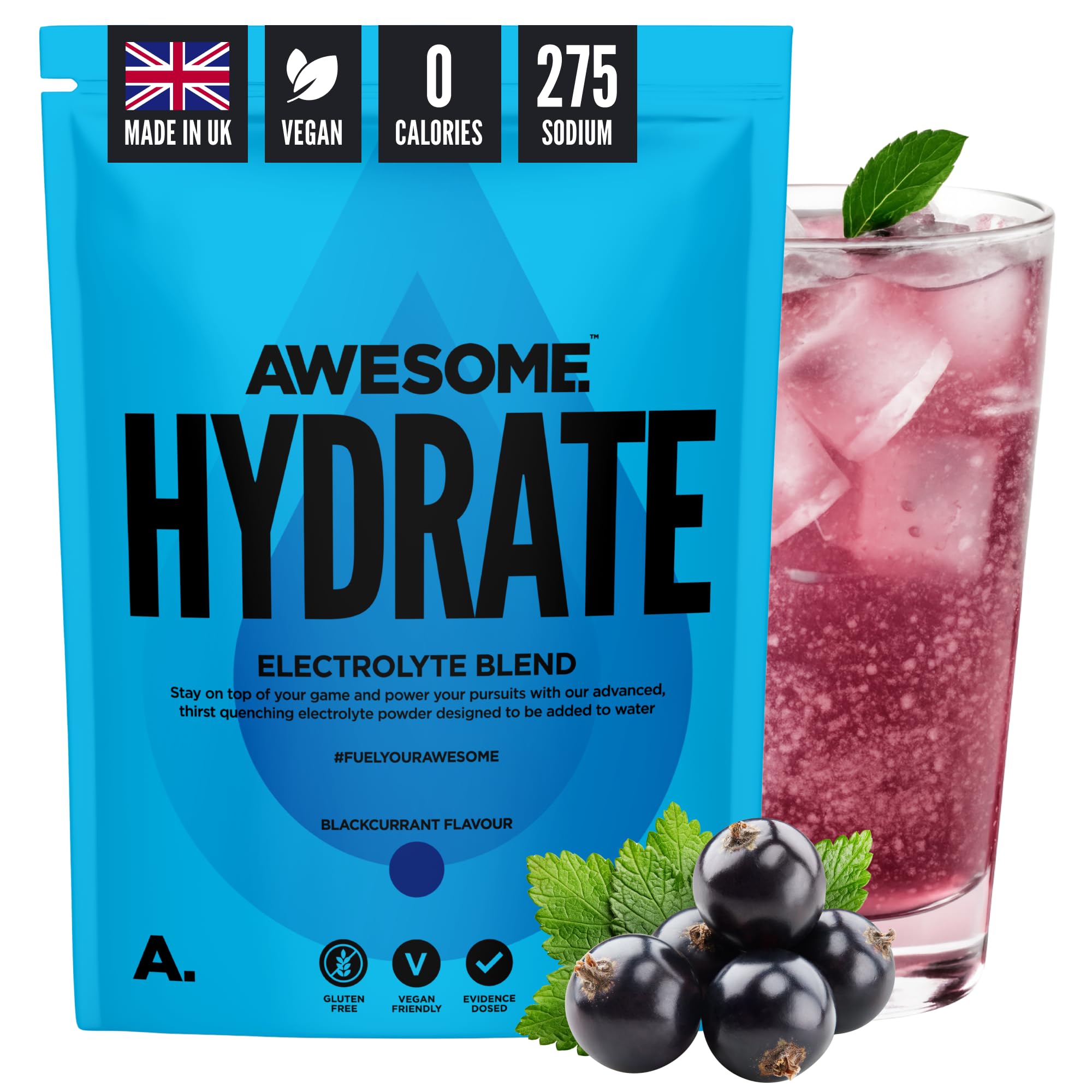 Awesome Hydrate – Vegan Electrolytes Powder – 270g Instant Electrolytes Powder – Sodium, Zero Calorie, Potassium Supplements – Vegan & Gluten-Free Hydration Supplement (Blackcurrant Flavour, 270g)