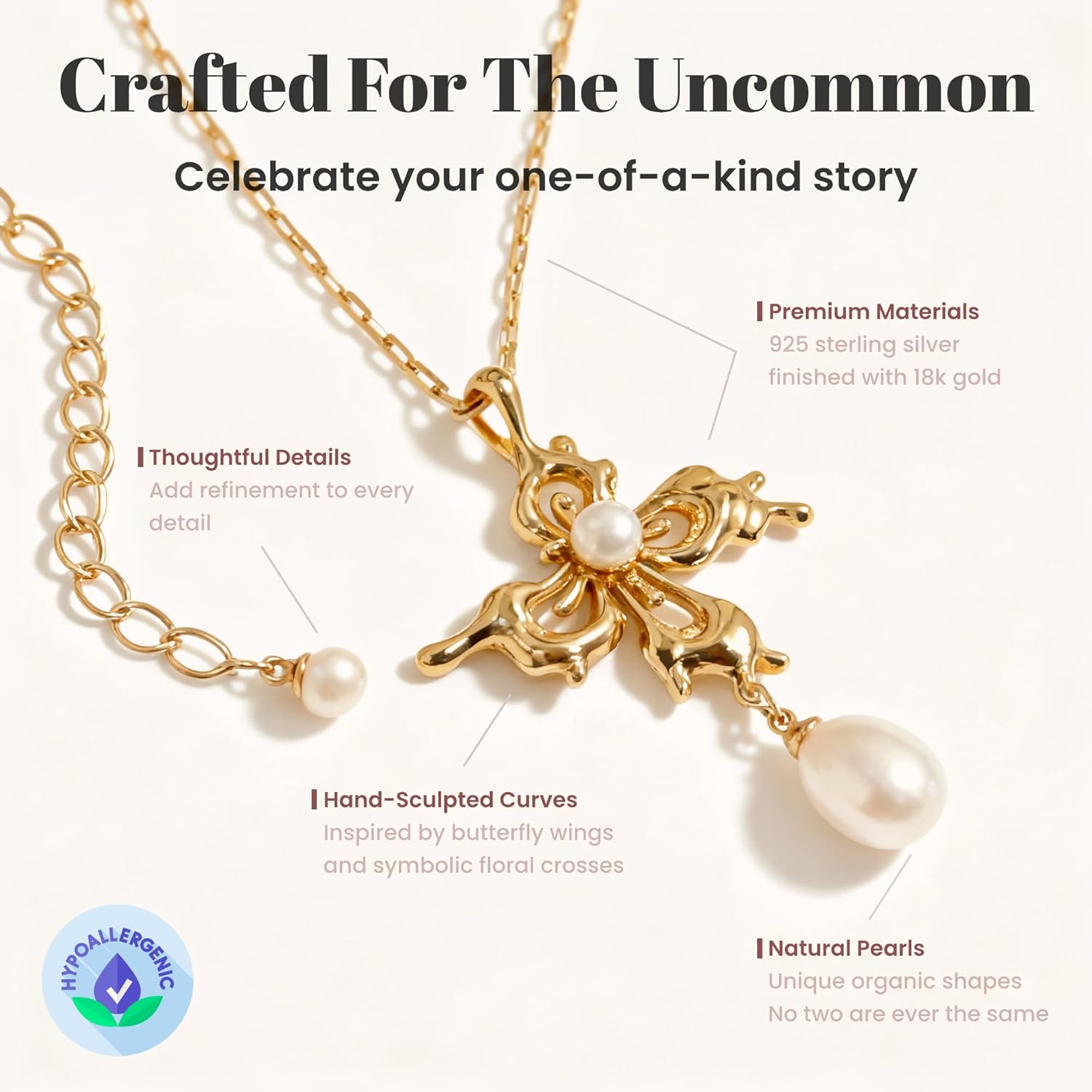 Gold Necklace for Women, Flutter Papillon Collection, Medium Model, Artistic Floral Cross Pendant, 18K Yellow Gold Finish, Sterling Silver, Freshwater Pearls