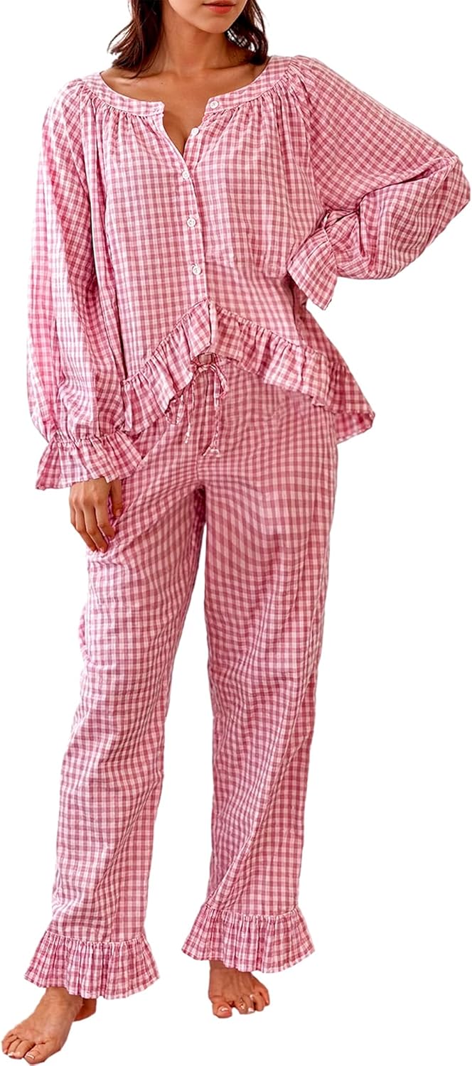 Womens Gingham 2 Piece Pajama Set Cute Cotton Puff Long Sleeve Babydoll Shirt and Ruffle Plaid Pant Pj Lounge Set
