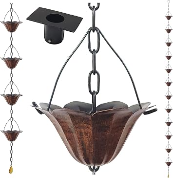 Lotus Iron Rain Chain for Gutters and Rain Barrel, Adapter, Bronze, 8.5FT