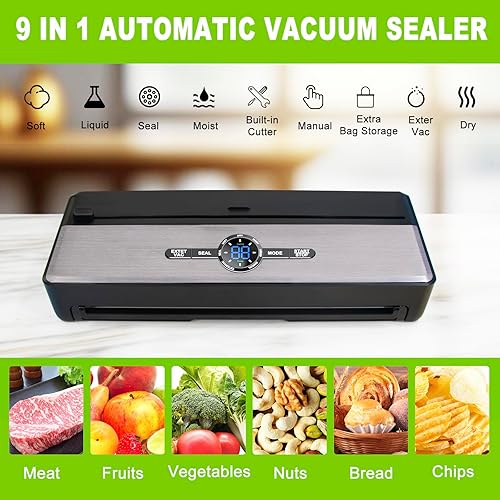 Miniatura 2 de Máquina automática selladora al vacío para alimentos, 9 en 1 con cortador, almacenamiento de bolsas, húmedo y seco, líquido y suave, VAC externo