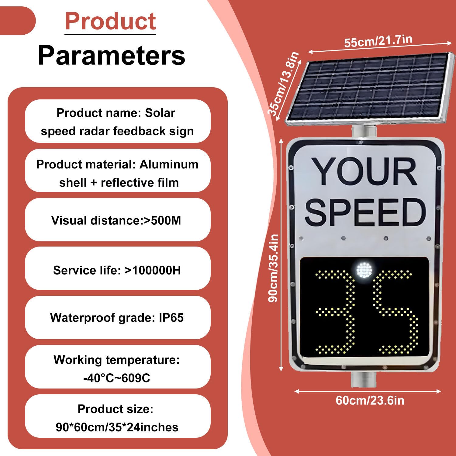 Señales de Velocidad de Radar, señal de Advertencia de Velocidad de Radar Solar, Pantalla de 2 dígitos, Control Remoto inalámbrico con retroalimentación de Velocidad LED Yellow-24 * 35in
