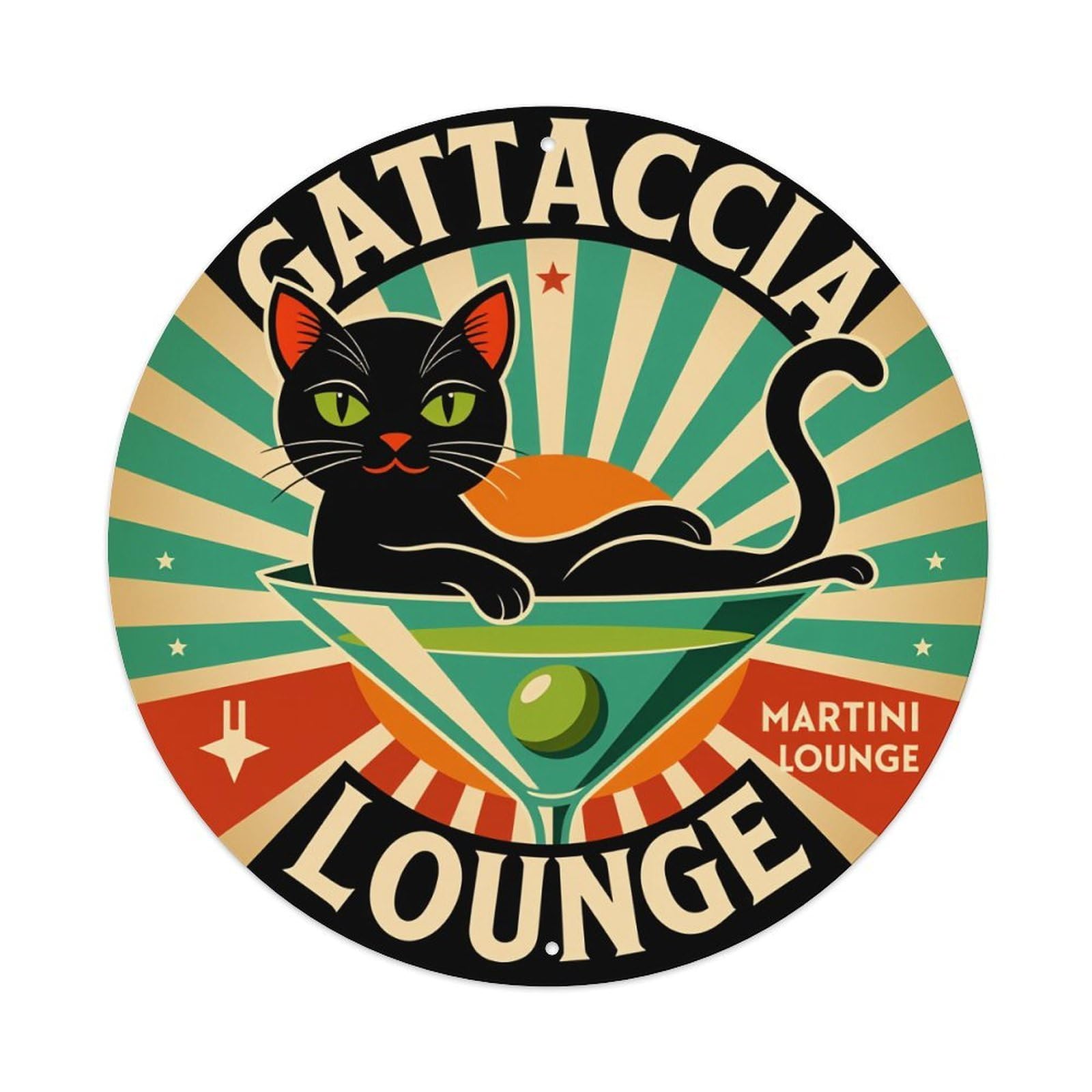 Cat Martini Lounge Sign Art Round Tin Sign Vintage Style Metal Sign Home Bar Garden Wall Plaque Decor Metal Poster 8x8 Inch
