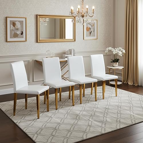Miniatura 2 de Juego de 4 sillas de comedor modernas, piel sintética blanca con patas de metal dorado, 35.4 x 16 x 18.5 pulgadas, asientos acolchados de esponja de