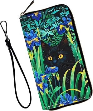 Womens Wallets,Wallet Wristlet for Women Removable Wristlet RFID Blocking Credit Card Holder Teen Girls PU Leather Phone Zip Around Men Wallet Clutch Travel Purse,Blue Flowers Cat
