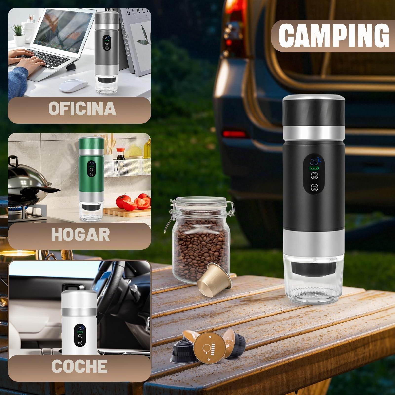 Bostar Máquina de Café Portátil, 3 en 1 Eléctrica Portátil Expreso Recargable Cafetera Espresso Pantalla Digital Temperatura para Cápsulas Pequeñas o Grandes y Café Molido para Oficina Viaje Camping