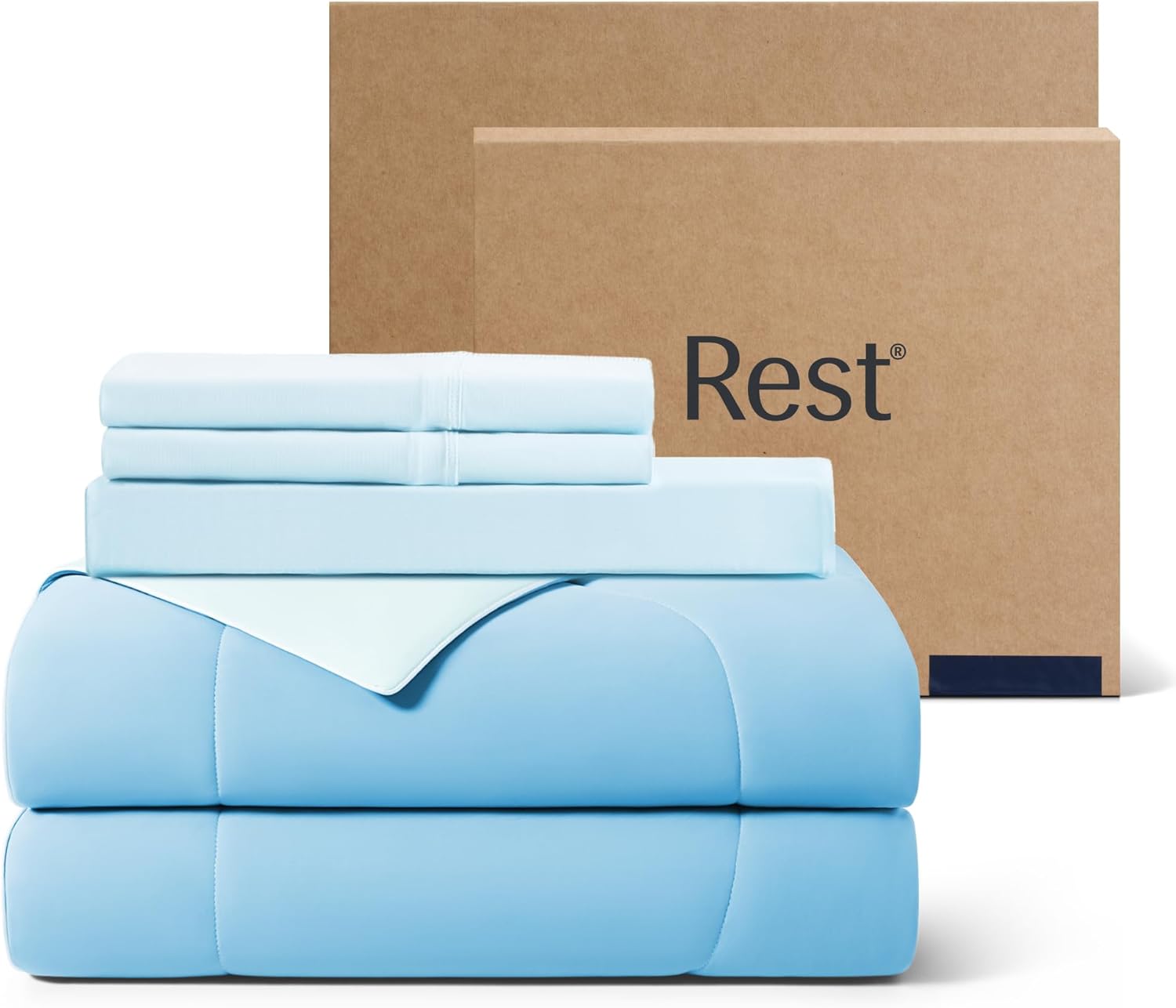 Rest® Evercool®+ Cooling Comforter Set, King size Light Blue, 4pcs with Cooling Blanket, Wrinkle-Free Deep Pocket Fitted Sheet, 2 Silver-Infused Pillowcases for Skin and Hair Bed Set for Ultra Comfort