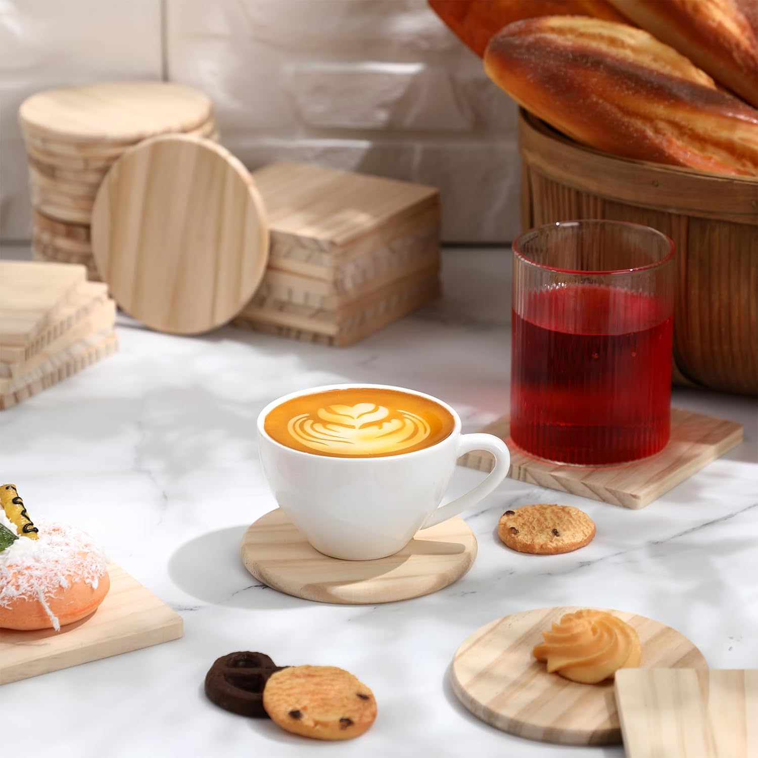 Hushee 72 Pcs Unfinished Wood Coasters 4 Inch Blank Wooden Coasters for Crafts with Non Slip Foam Pad Stickers Wooden Craft Tabletop Protection for Christmas DIY Painting Engraving Home Decoration