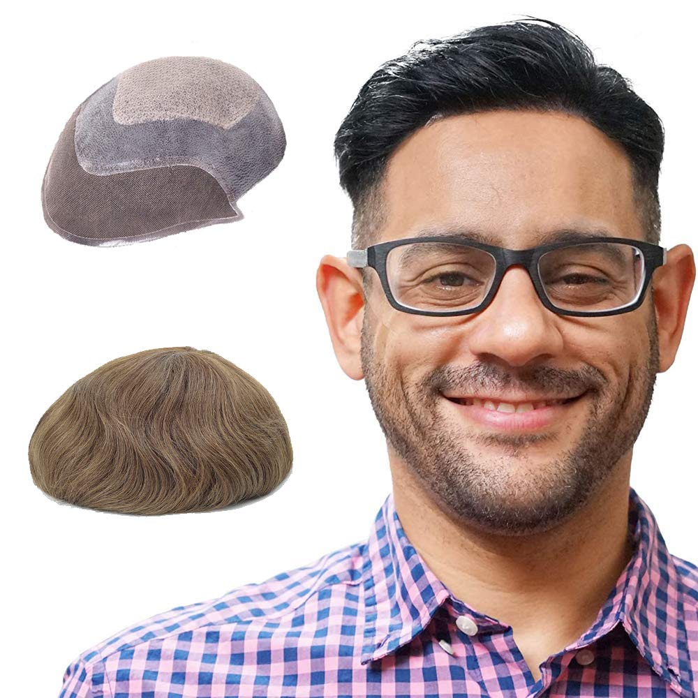 Lordhair Knotenlos Toupet für Männer, Haut Eben Injiziert Spitzenfront Mensch Haar System, Basisgröße 8x10 Zoll Leichte Mittlere Dichte Herren Haarteil