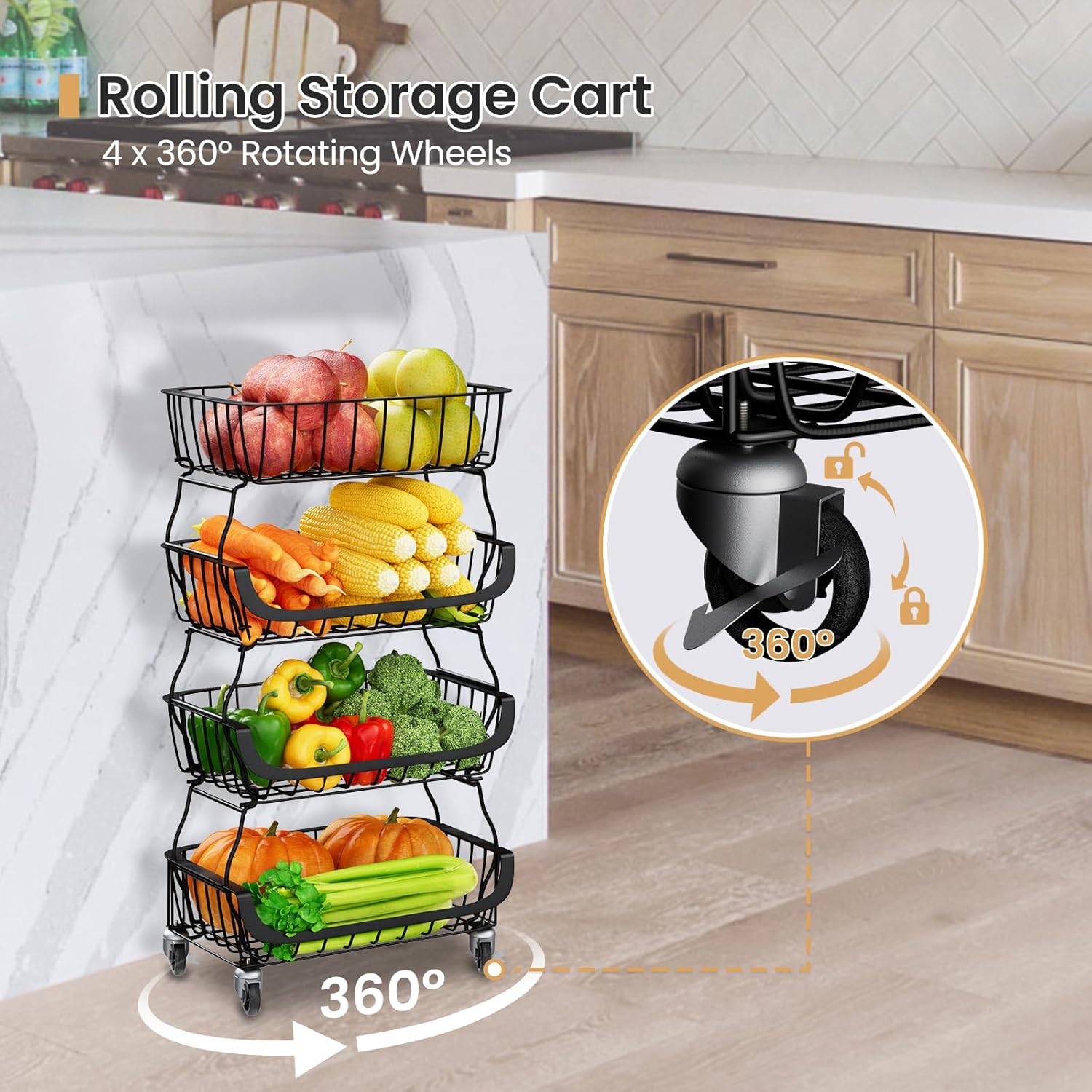 RANXFLOAT Fruit Vegetable Storage Basket, Kitchen Fruit Vegetable Storage Cart, 4 Tier Stackable Metal Wire Storage Baskets with Wheels, Produce Basket Organizer Bins for Pantry, Bathroom, Black