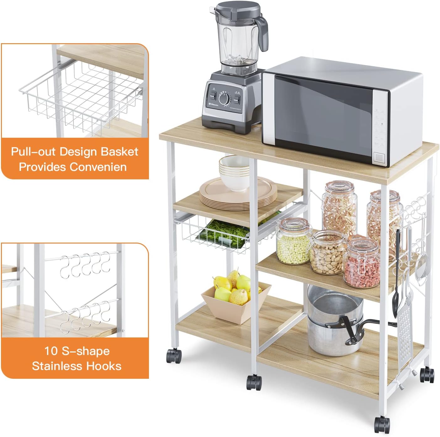 ODK Kitchen Baker's Rack Utility Storage Shelf Microwave Oven Stand 3-Tier+4-Tier Coffee Bar Table with 10 S-Shape Hooks and Wire Basket for Spice Rack, Metal Frame, Beige White