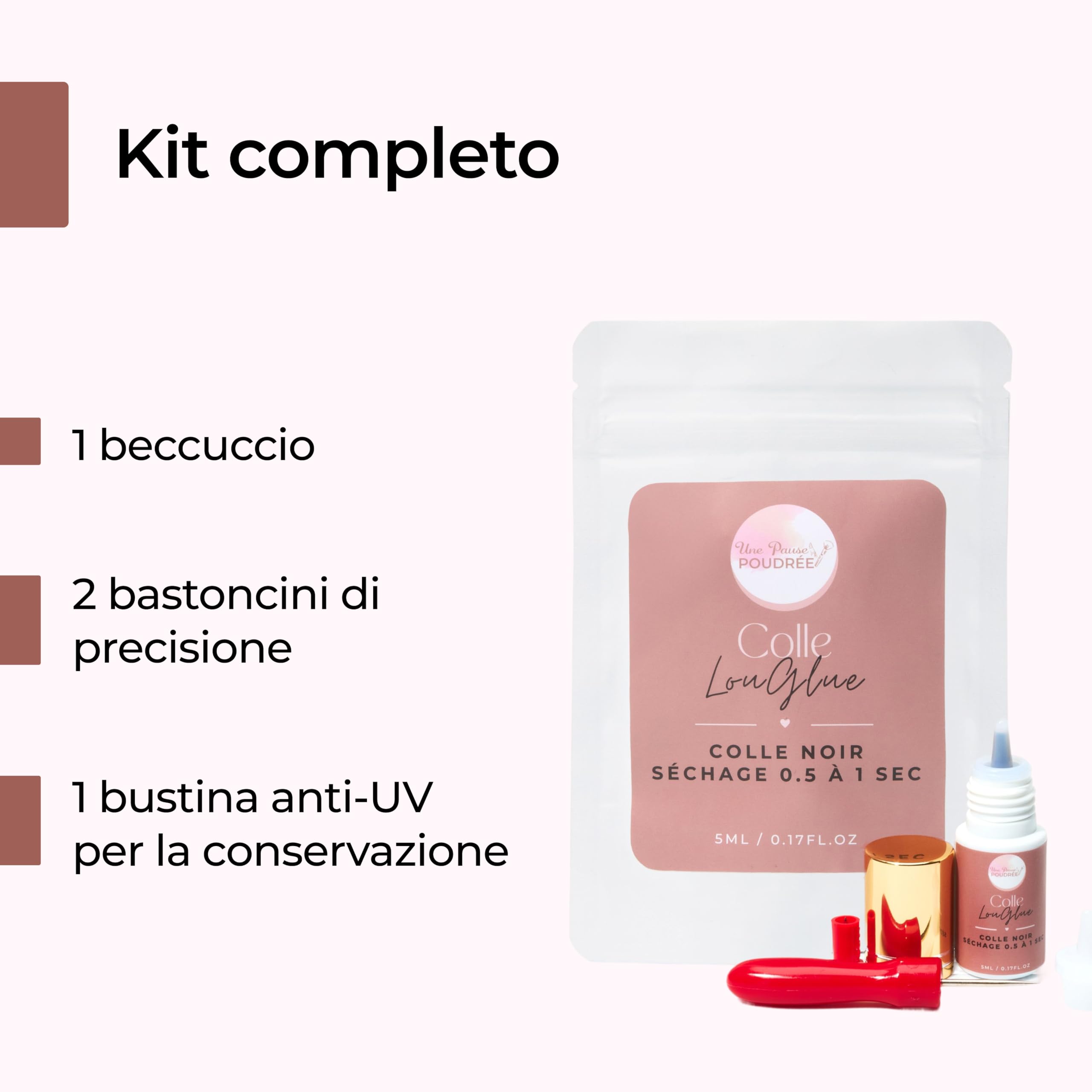 LouGlue Colla Nera per Extension di Ciglia per Professionisti - Colla per Ciglia Finte Asciugatura Ultra Rapida (0,5 a 1 sec) Facile da Usare e Lunga Durata - Marchio Francese (5ml)