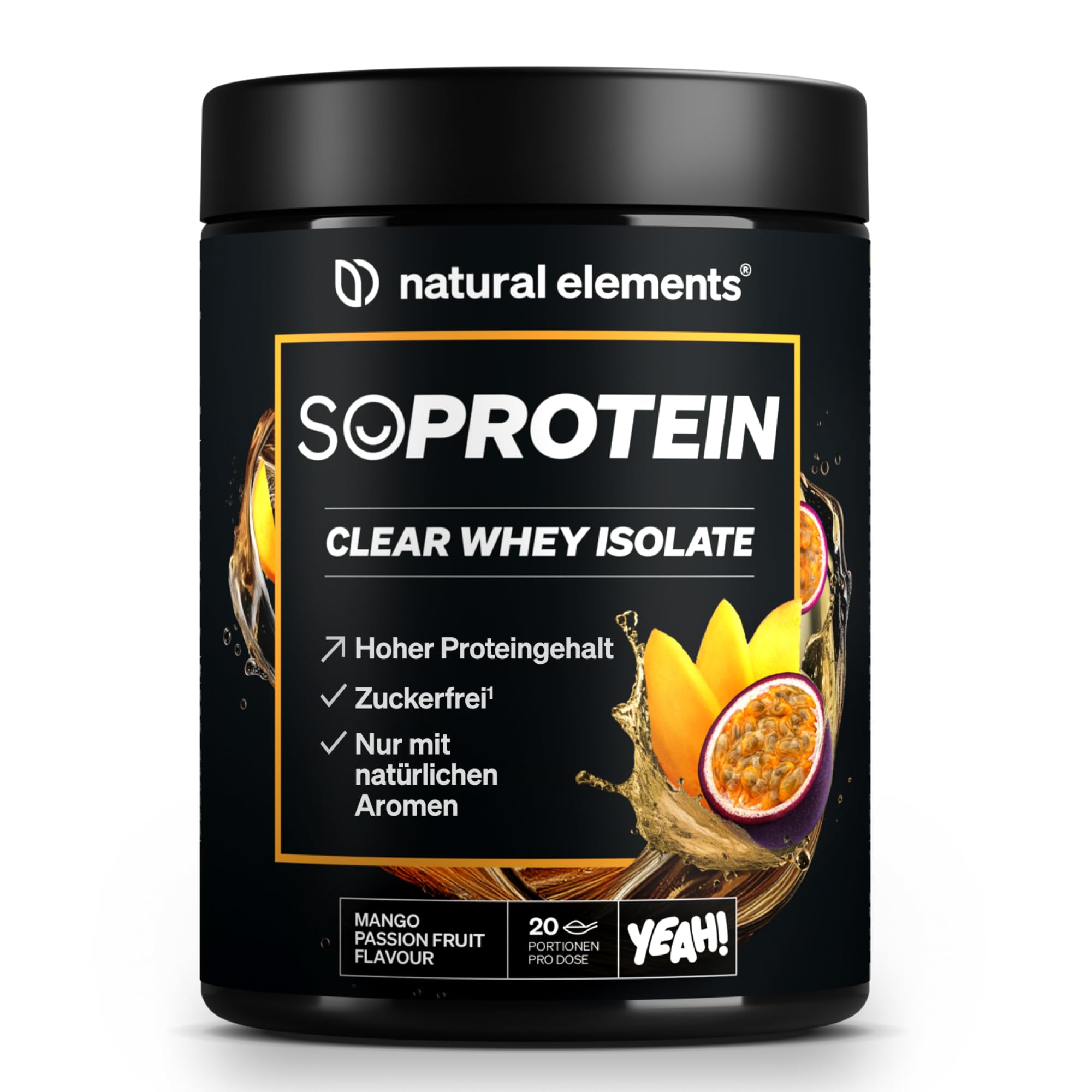 natural elements SoProtein Clear Whey Isolate – Mango Maracuja Geschmack – 600g Proteinpulver – 25g Protein – erfrischender Protein-Shake, optimal löslich – in Deutschland entwickelt & laborgeprüft