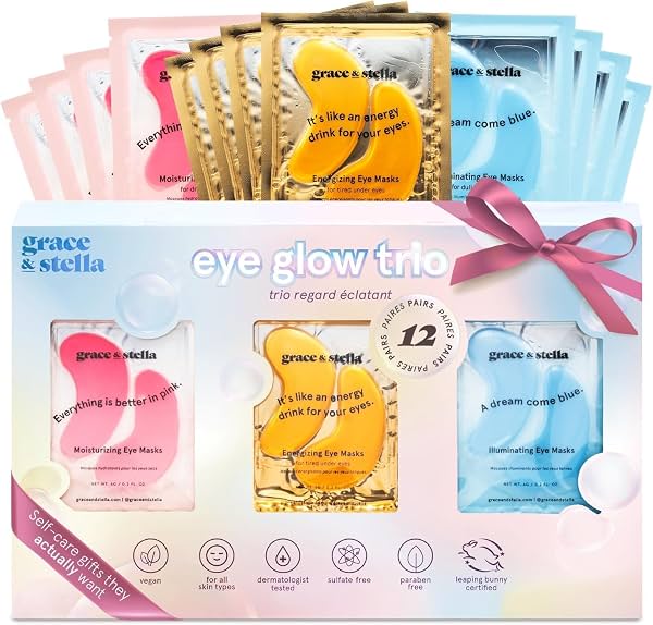 Parches para contorno de ojos grace & stella, mascarillas para ojos hinchados y ojeras | Regalos para mujeres, damas de honor, cumpleaños, despedida de soltera, regalos de autocuidado para mujeres - Vegano y libre de crueldad animal (12 pares) 12 unidades (Paquete de 1)
