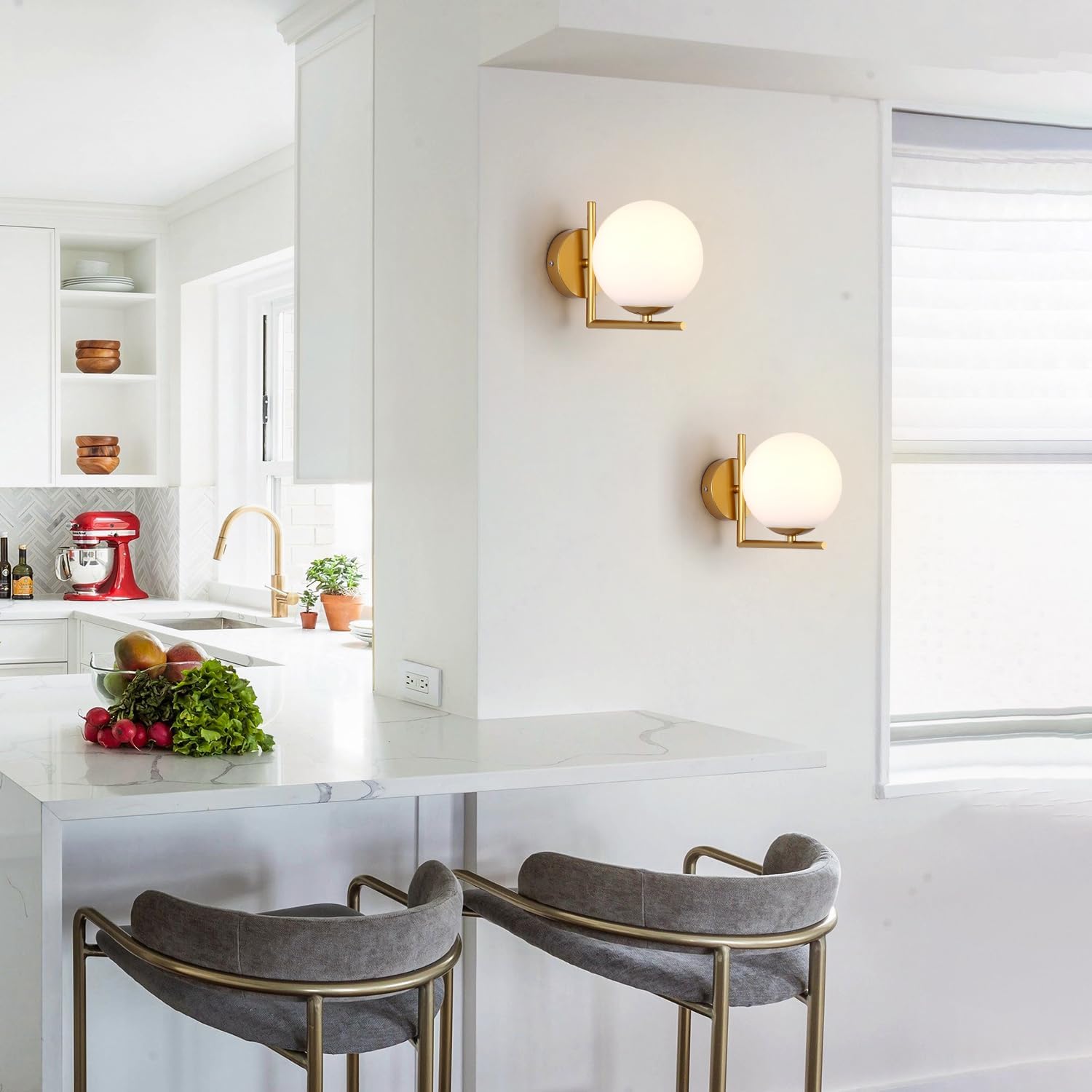 BOKT Mid Century Modern Gold Wall Sconce Lighting Brushed Brass Vanity Bathroom Wall Light Frosted White Glass Globe Wall Sconce Light Industrial Bedroom Bar Wall Lamp (Gold)