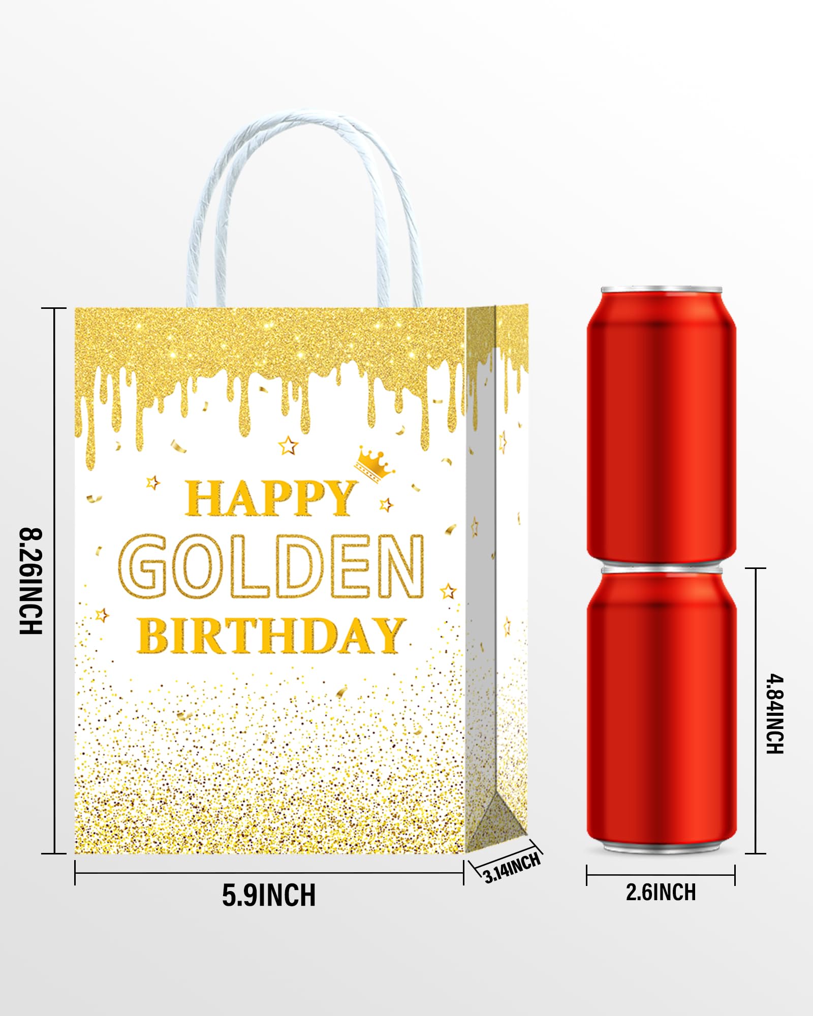 Roselush 16 szt. Happy Golden Birthday papierowe torby na prezenty białe - torby na gadżety, torby na upominki imprezowe dekoracje urodzinowe złote