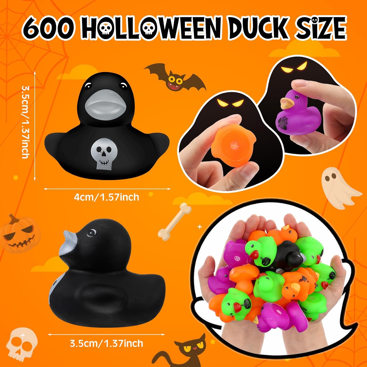 Junkin 200 Pcs Halloween Rubber Ducks Bulk 1.57 Inch Mini Rubber Ducks Small Duck Bulk for Halloween Party Favors