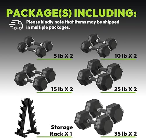 Miniatura 2 de Juego de mancuernas hexagonales con estante, mancuernas de goma de 150 a 400 libras para entrenamiento de fuerza, ejercicio y fitness, juego de