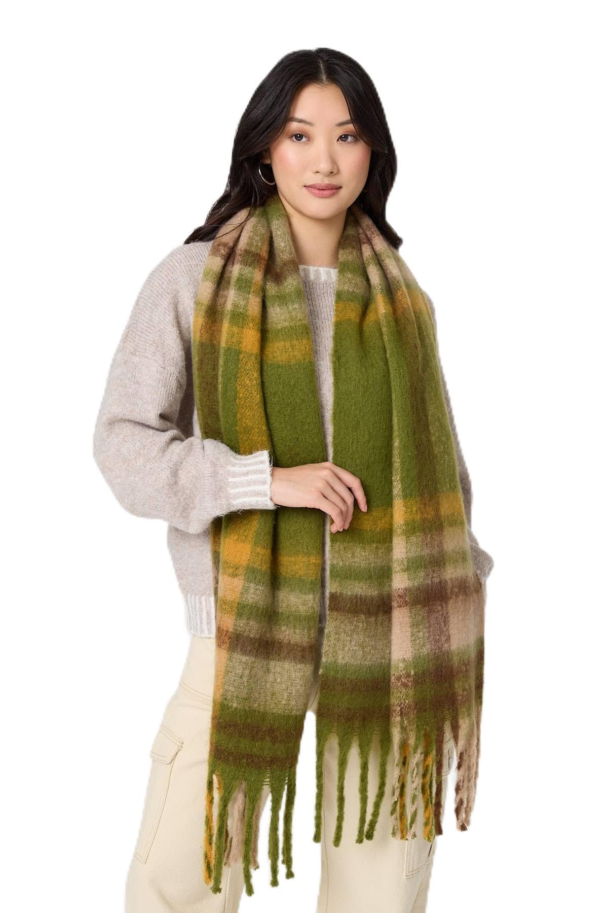 Izabel London Women's Green Checked Print Fringed Oversized Scarf
