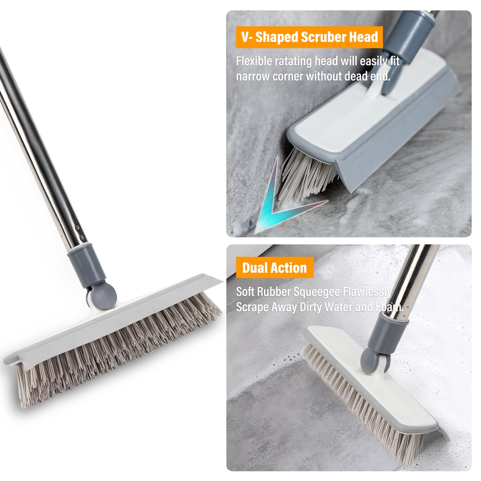 Cepillo de limpieza de suelo, 4 en 1, cepillo de lechada con mango largo ajustable para limpiar baño, ducha, bañera, azulejos, cocina, vidrio, pared