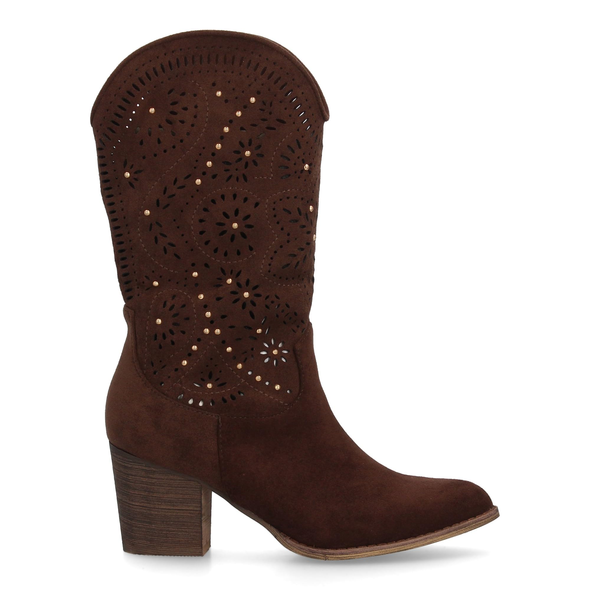 Botas Estilo Cowboy para Mujer, Elegante Diseno Troquelado con Motivos Florales y pequenos Apliques metalicos. Tacon Ancho y Comodo. Cierre de Cremallera Ideal Entretiempo.