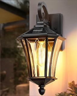 YSN 16" Solar Wall Lights, Dusk to Dawn Solar Porch Light, Black, 1 Pack | Wireless, Closed Bottom, Die-cast Aluminum Frame, Tempered Glass, 2W/3V E26 Bulb Included, Waterproof, for House Porch Garage