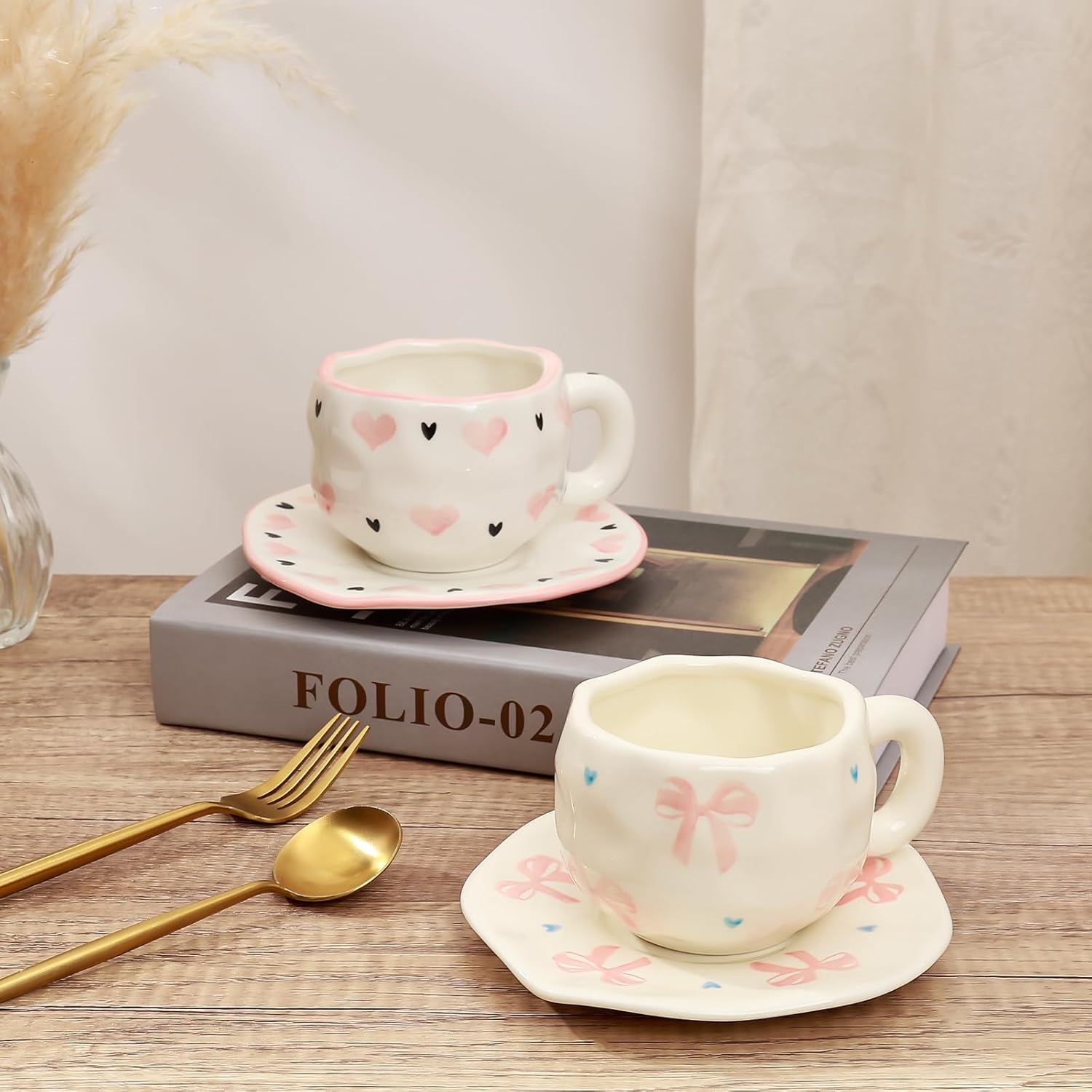Koythin Ceramic Coffee Mug with Saucer Set, Cute Pink Big Bow Cup Unique for Office and Home, 10 oz/300 ml for Latte Tea Milk