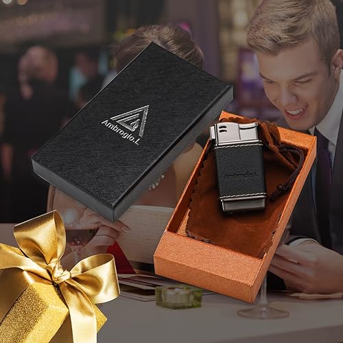 Miniatura 7 de Ambrogio.L Encendedor de pipa - Encendedores de butano recargables de cuero genuino suave para hombres, negro cepillado