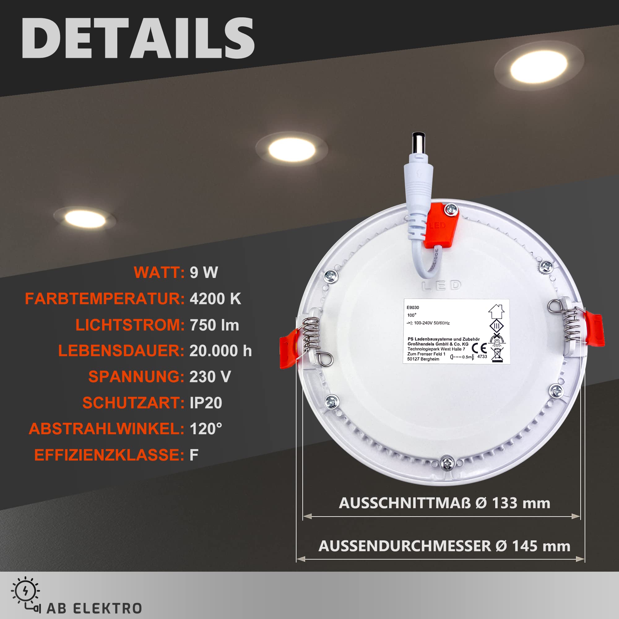 LED Einbaustrahler 230V flach - 8er Set - 9W LED Spot - 4200K - 133mm - IP20