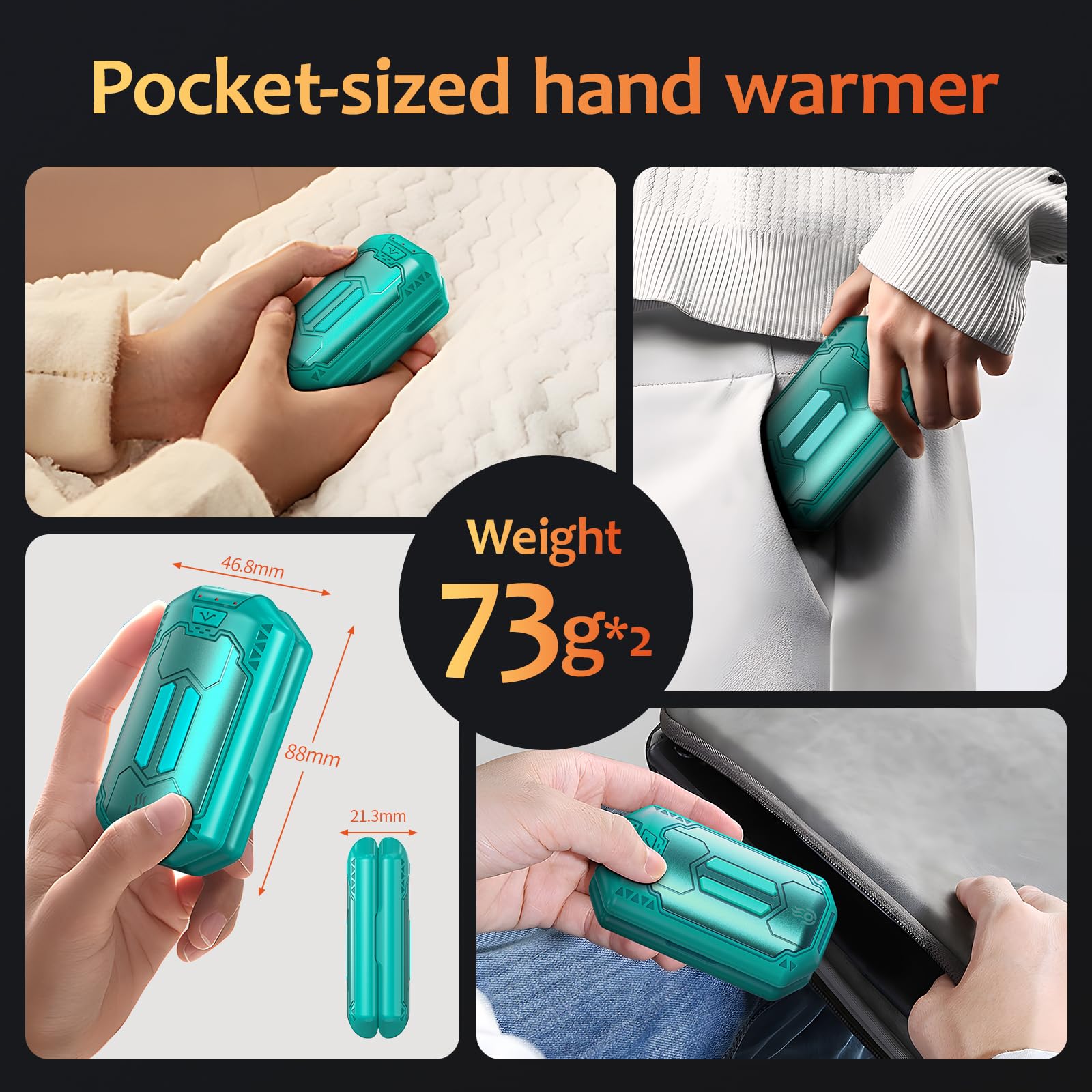 Hand Warmers Rechargeable 2 Pack Snap-on Hand Warmer Reusable 3000mAh*2 Electric Hand Heater Portable USB Electronic Hand Warmers 3 Heating Levels OUTJUT Warm Gifts for Women Men (Emerald Green)