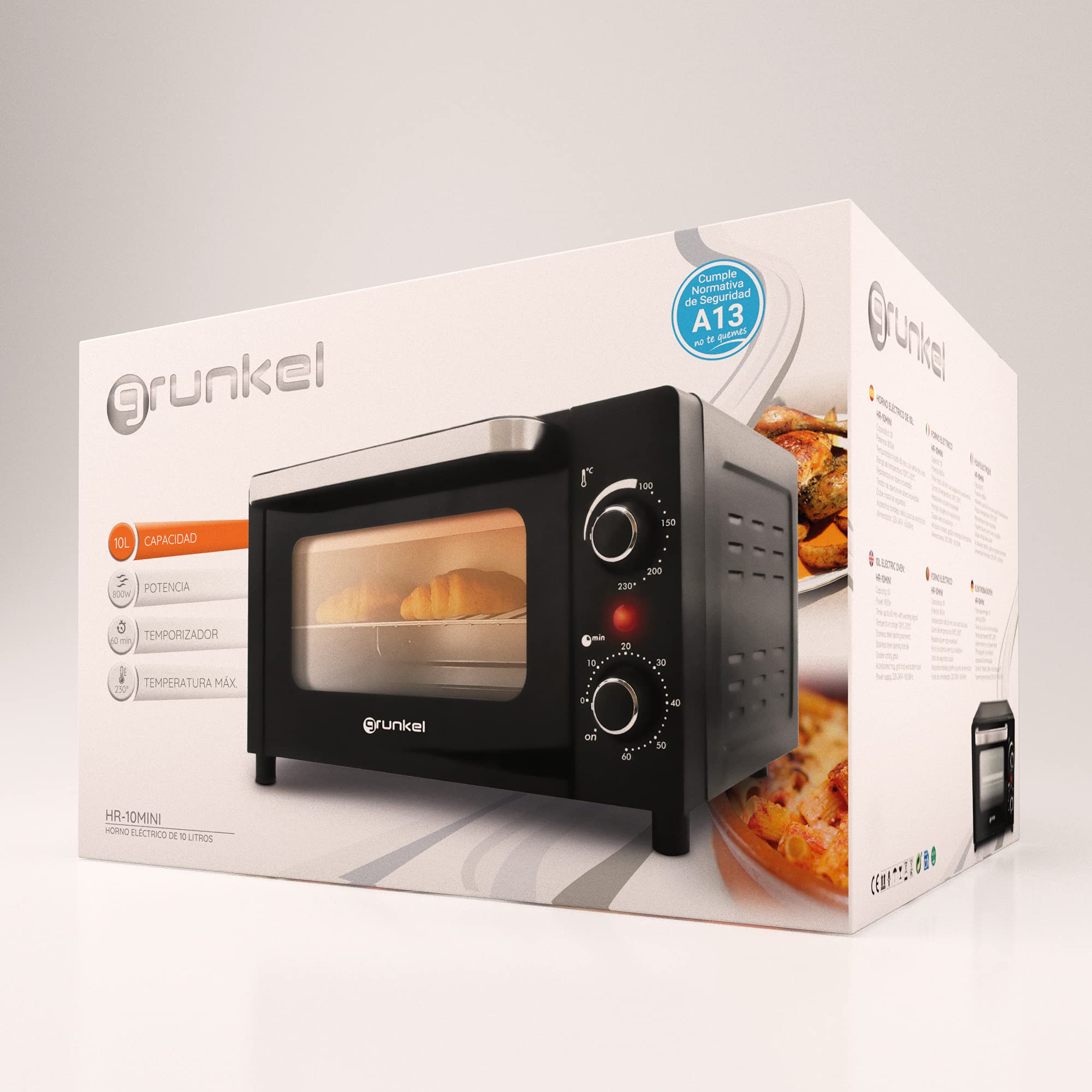 Grunkel Horno electrico de sobremesa tostador de 10 litros HR-10MINI con 3 funciones de calor y selector de temperatura hasta 230ºC. Temporizador hasta 60 min - 800W (Mini)