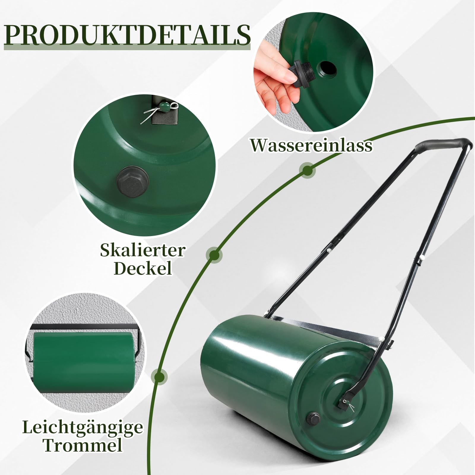 LEADZM Rasenwalze 50L, Kontaktflächenlänge 60 cm, 32 cm Durchmesser – befüllbar mit Sand oder Wasser, rasenlüfter Walze, Der Griff ist gepolstert Komfortabel und effizient