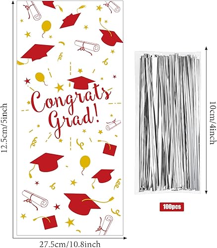 Miniatura 2 de Blulu 100 bolsas de celofán de graduación, felicitaciones para graduados, bolsas de regalo de plástico con 100 lazos giratorios plateados para