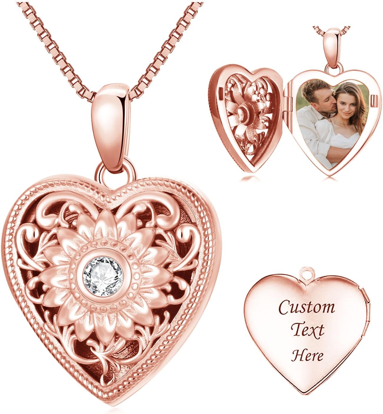 Custom Sunflower Rose Gold Heart Locket Necklace That Hold Pictures, Sterling Silver RPersonalized Engraved Memory Photos Locket Necklace for Women Couple Friend