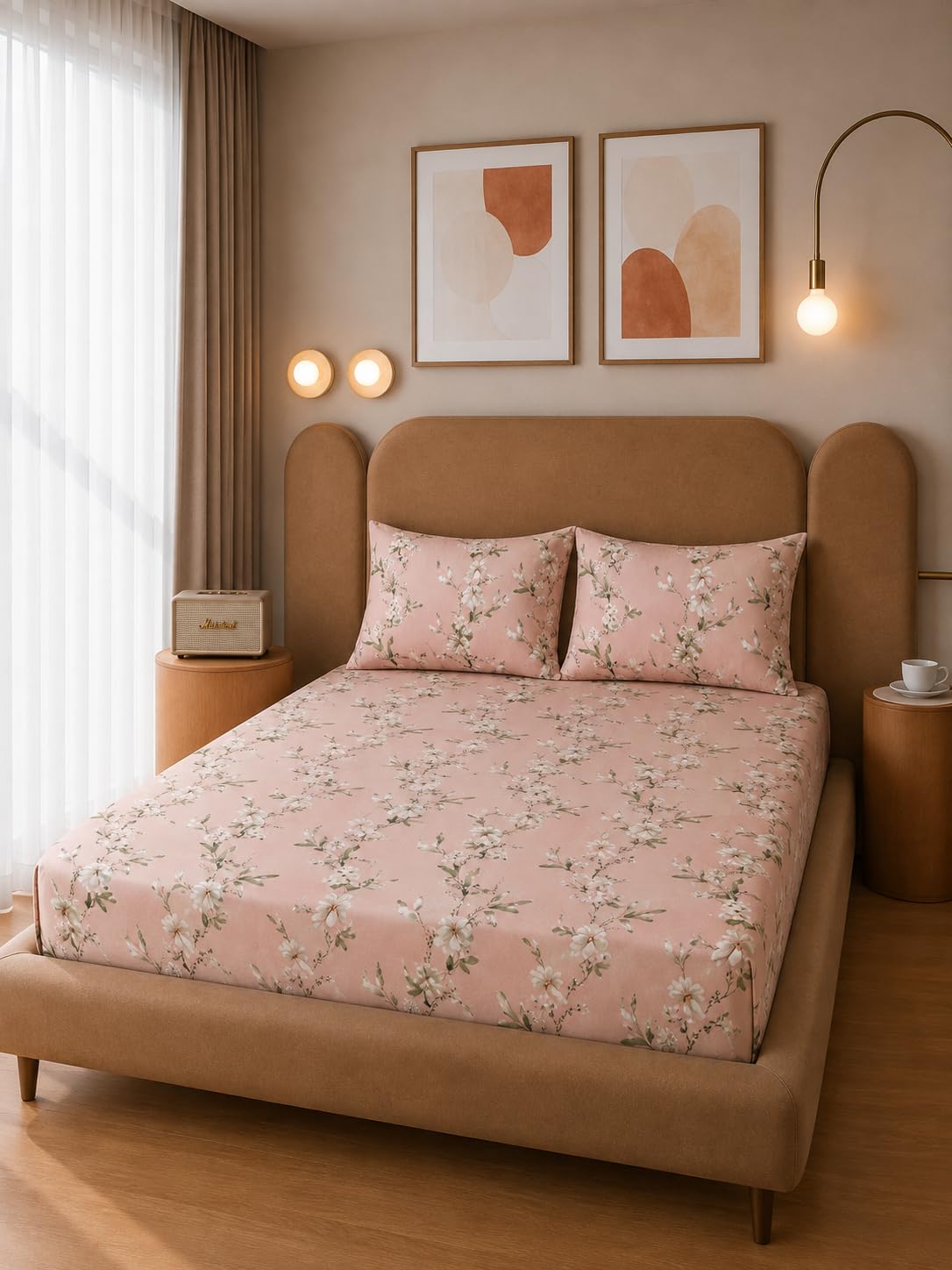 THE HOME STYLE Cotton Feel Glace Cotton Elastic Fitted Printed King Size Double Bed Bedsheet with 2 Pillow Cover Fits Upto 8 Inches Mattress, 300TC (72"x78", Cherry Blossom)