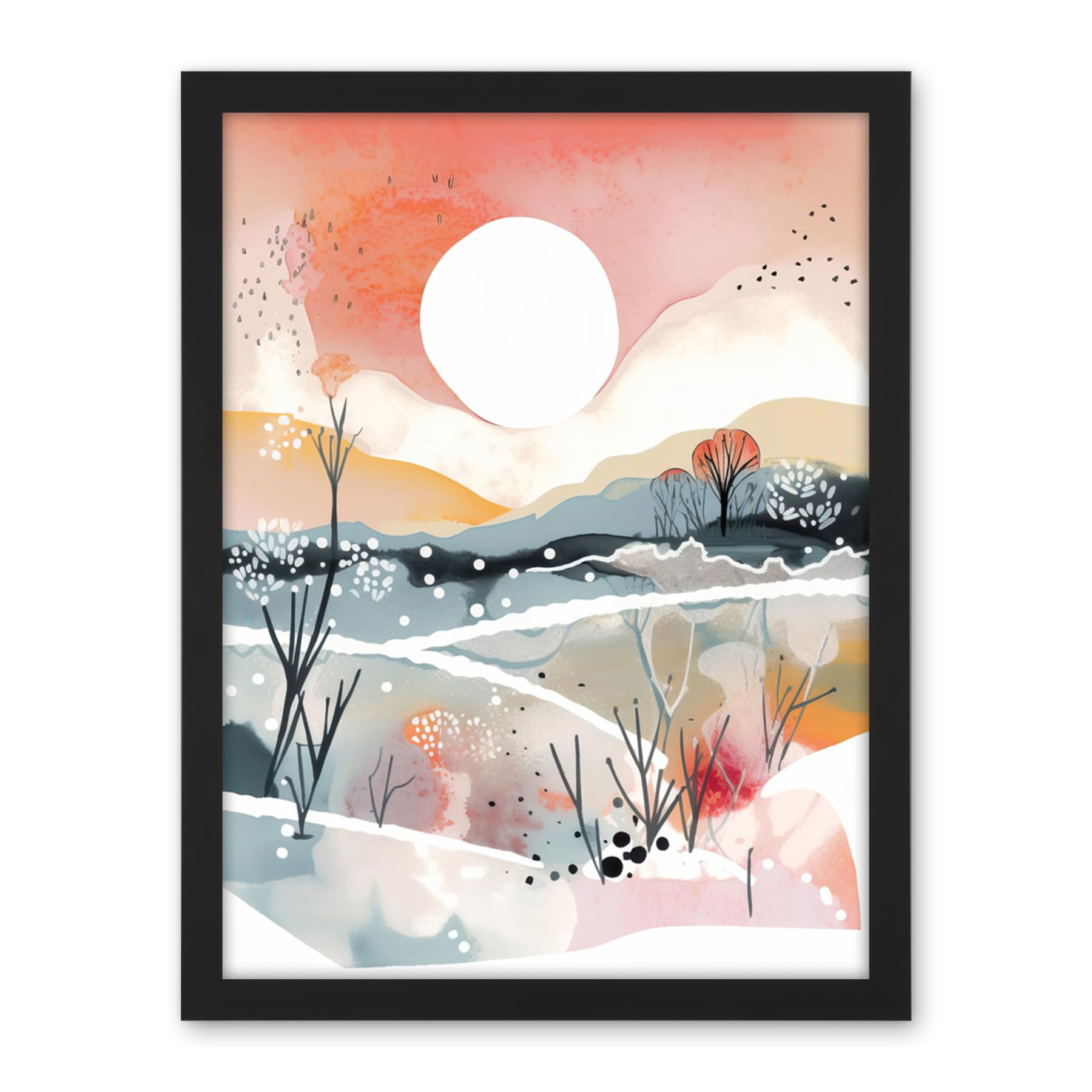Artery8 Sunset in Winter Landscape Boho Modern Folk Art Artwork Framed Wall Art Print 18X24 Inch