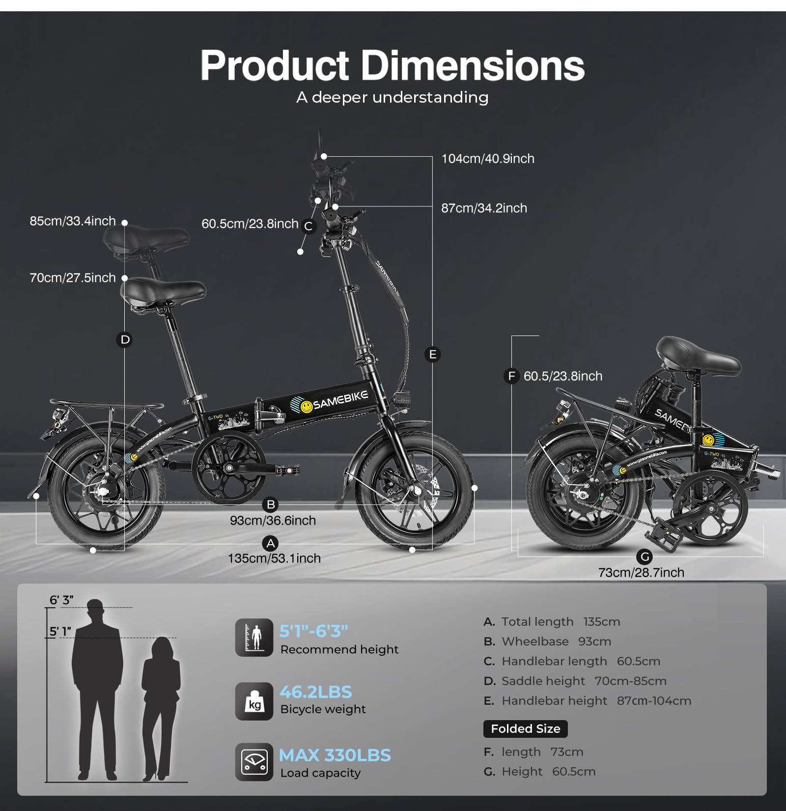 SAMEBIKE Bici Elettrica 14", Batteria al Litio 36V 7.8AH, Autonomia 60KM, E-bike Piegevole con Display LCD, Doppi Freni a Disco, Motore 250W per Pendolari Urbani, Leggera e Portatile