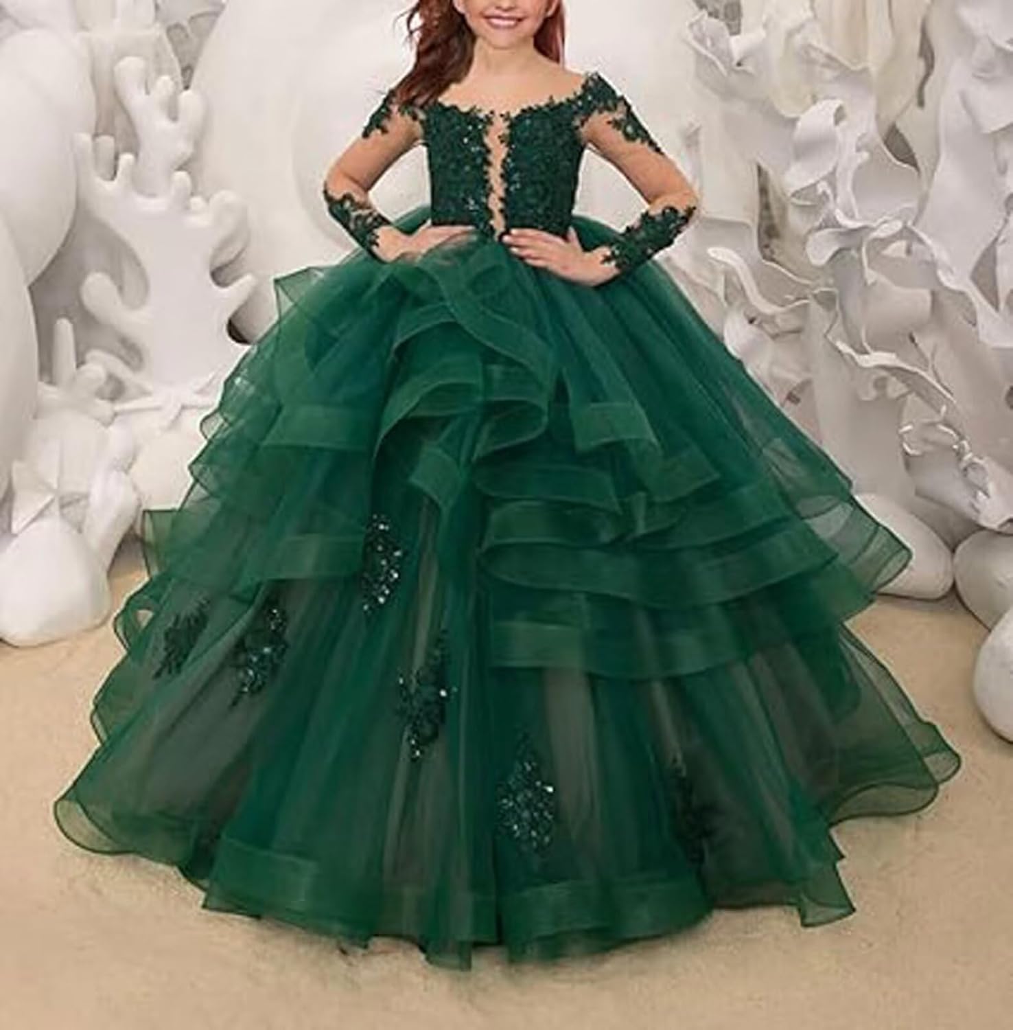 Flower Girl Dresses for Wedding Long Sleeve Tulle Tiered Princess Pageant Dresses for Girls Ruffles Prom Ball Gown - Image 2