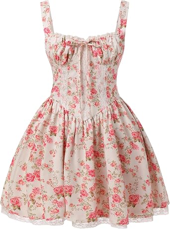 IBTOM CASTLE Corset Mini Dress for Women Ladeis Boho Summer Floral Dress Sleeveless Spaghetti Straps Backless Dress Lace Up Sundress Cottagecore Ruffle Short Beach Bustier Dresses Pink Floral L