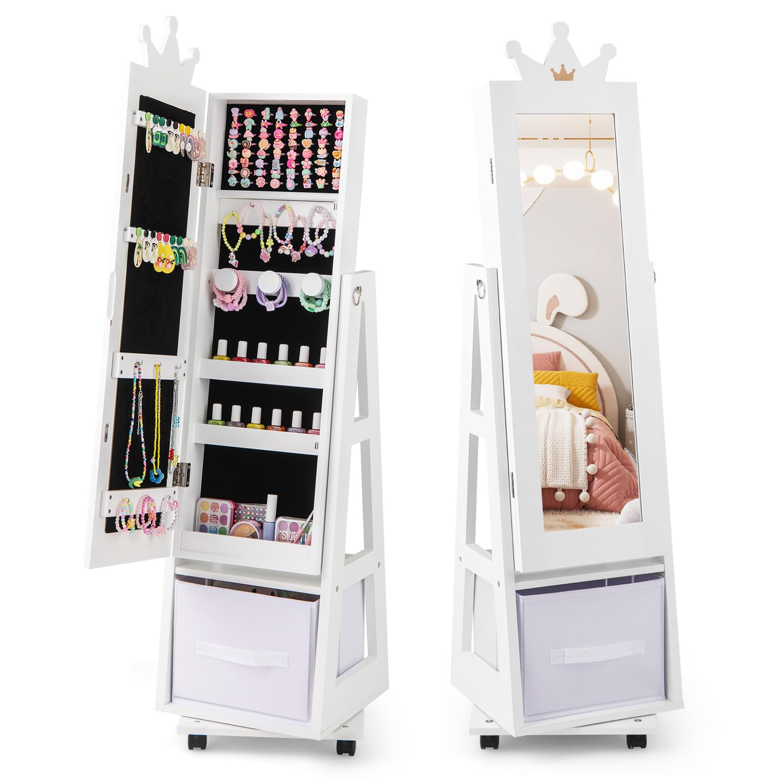COSTWAY Armario Joyero para Niñas con Espejo de Cuerpo Completo y Base Giratoria, Blanco