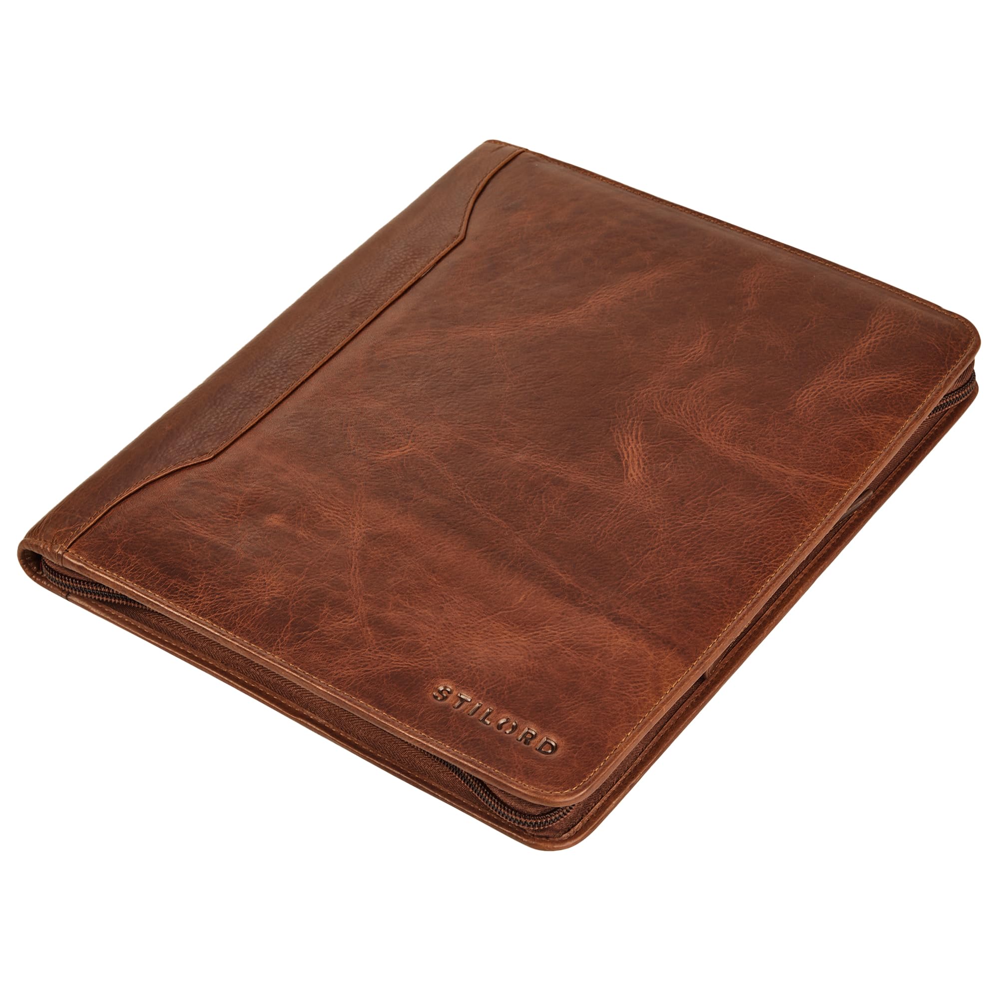STILORD 'Wesley' Elegante Carpeta de Cuero A4 Portadocumentos Cognac con Cremallera - Gran Porta Documentos Piel Autentica Tablet de 13 Pulgadas para Oficina y Reuniones