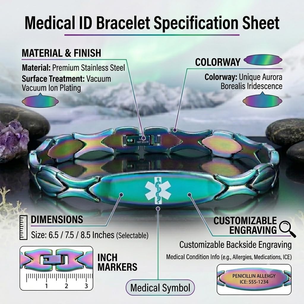LinnaLove Medical Alert Bracelet - Custom 316L Stainless Steel, Waterproof | Aurora Green Medical id bracelet for women with Free Customize Engraving