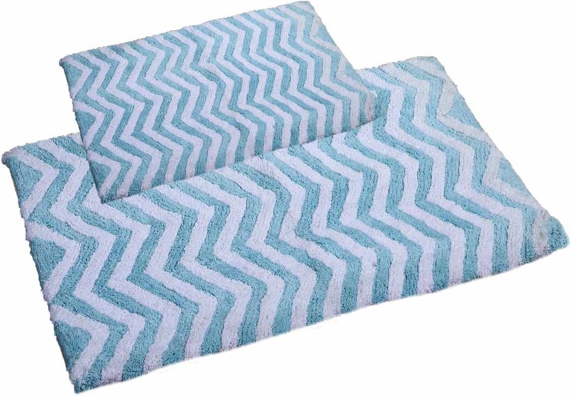 2 Piece 100% Cotton Chevron Plush Bath Rugs, Aqua Blue