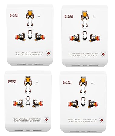 GM 3012 3 Pin Travel Universal Multi Plug Adaptor with Surge Protector and Indicator White Pack of 4