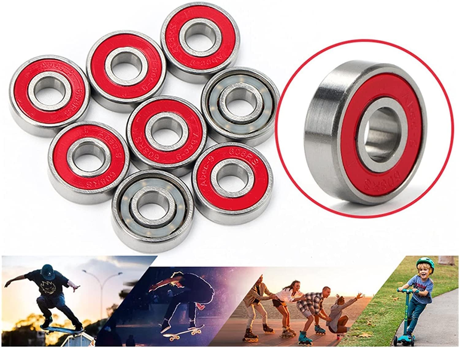 Jeu De 8 Roulements à Billes 608 2RS Pour Skate, Roller Ou Trottinette – Noir, Acier Résistant